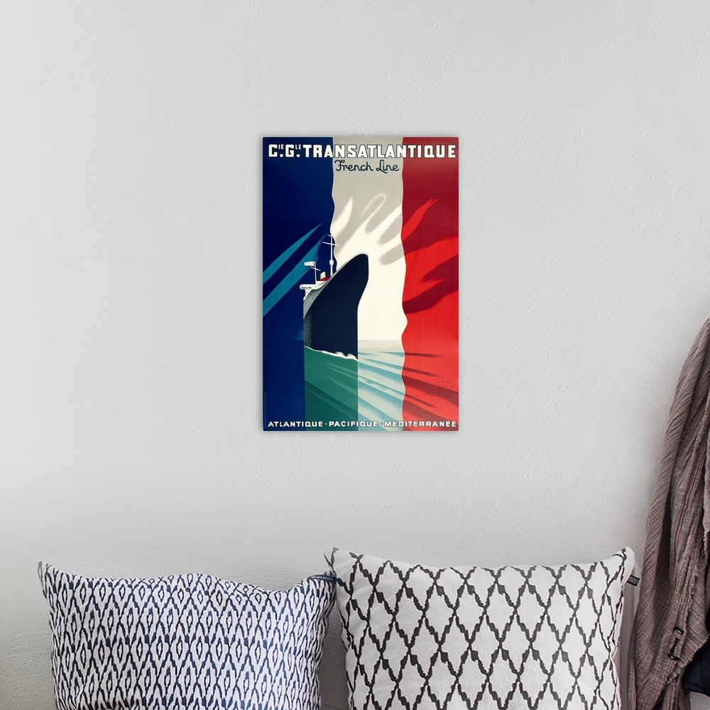 A bohemian room featuring Ship sailing with a French flag behind it.