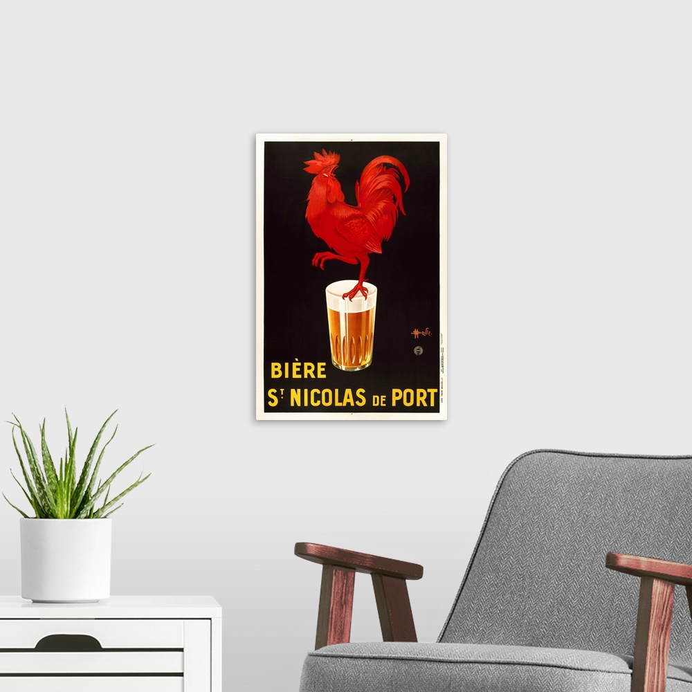 A modern room featuring VINTAGE POSTERbeer glass and roosterBIERE S'NICOLAS DE PORTman cave