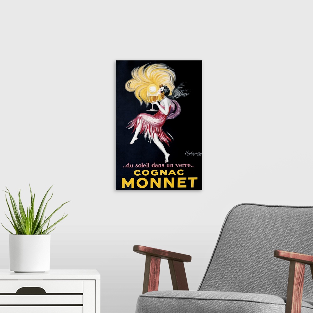 A modern room featuring A flapper holds a large glass of Monnet cognac.  A small sun seems to emerge from the glass