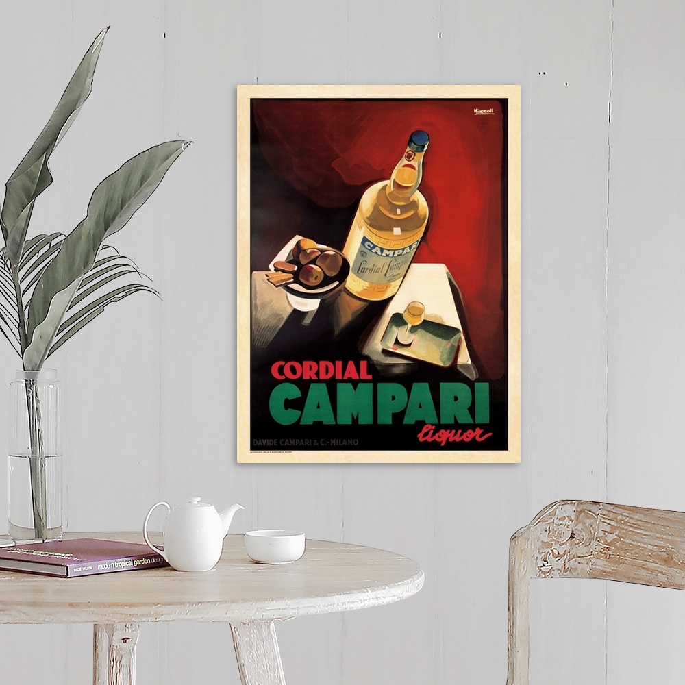 A farmhouse room featuring Vintage Posterbottle, glass and plate of fruit and cookiesReads: Cordial Campari Liquor