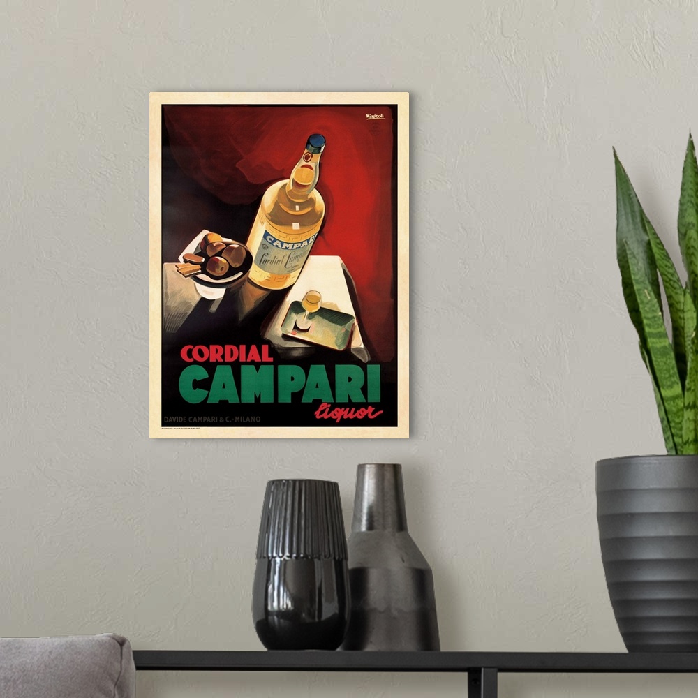 A modern room featuring Vintage Posterbottle, glass and plate of fruit and cookiesReads: Cordial Campari Liquor