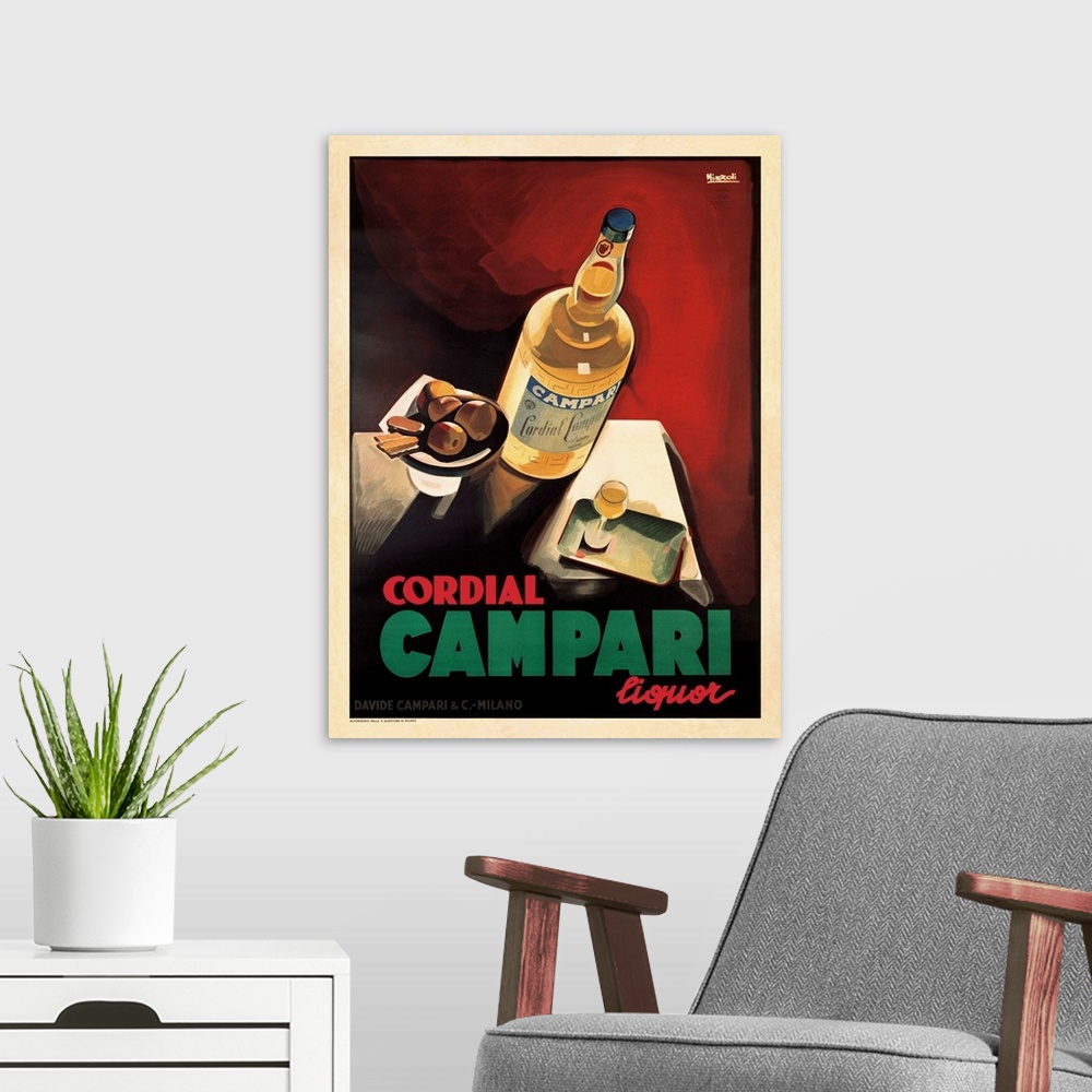 A modern room featuring Vintage Posterbottle, glass and plate of fruit and cookiesReads: Cordial Campari Liquor