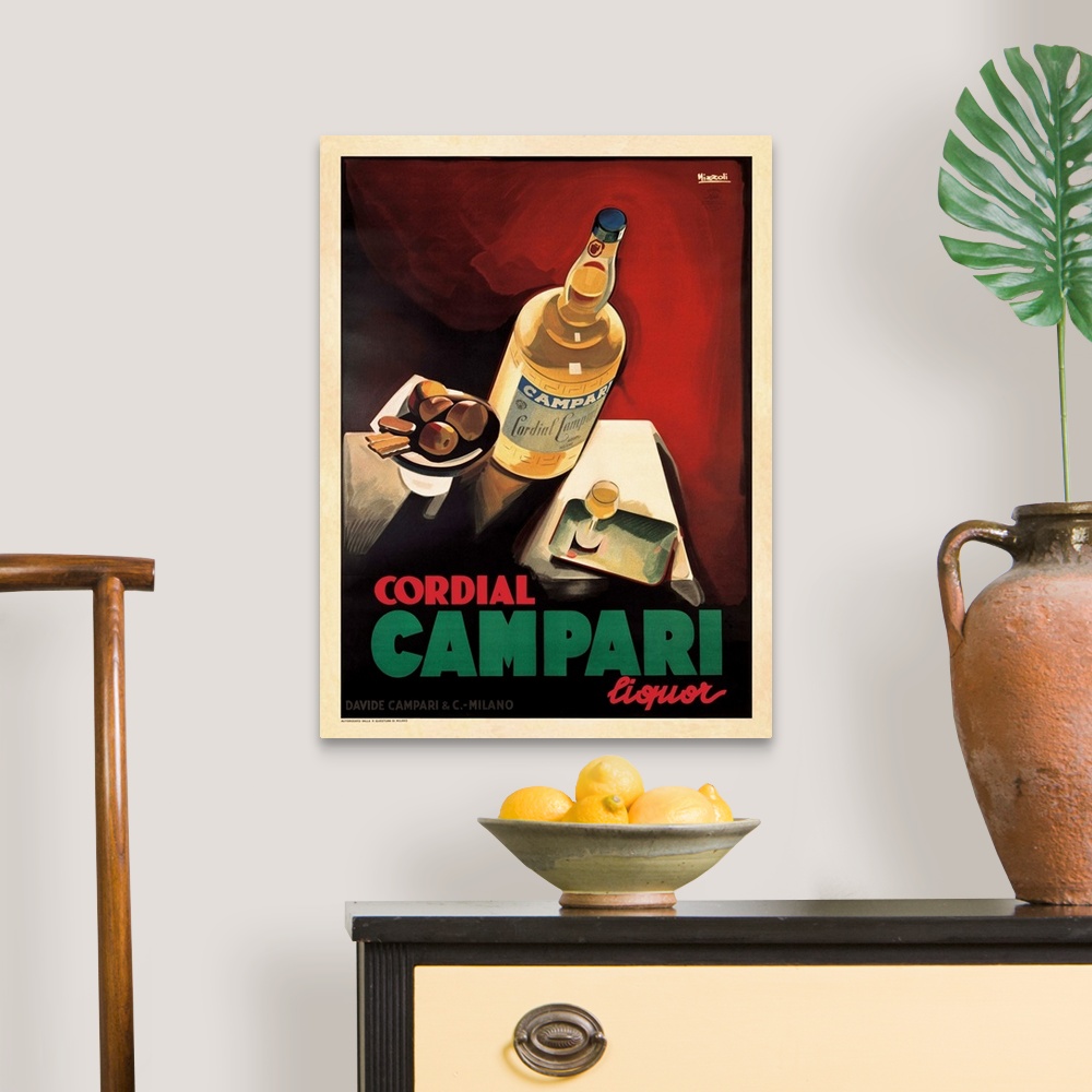 A traditional room featuring Vintage Posterbottle, glass and plate of fruit and cookiesReads: Cordial Campari Liquor