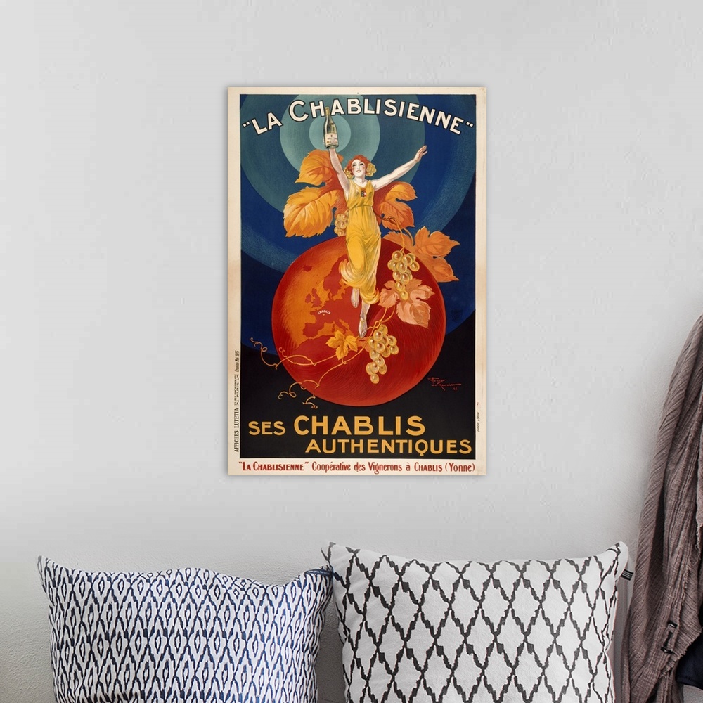 A bohemian room featuring VINTAGE POSTERwoman standing on orange globe with grapes on vine holding up  bottleLA CHABLISIENN...