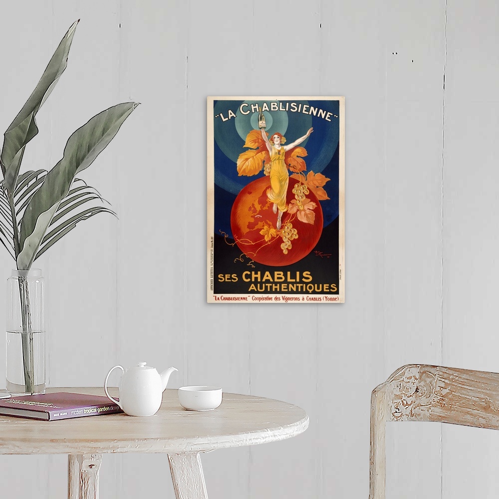 A farmhouse room featuring VINTAGE POSTERwoman standing on orange globe with grapes on vine holding up  bottleLA CHABLISIENN...