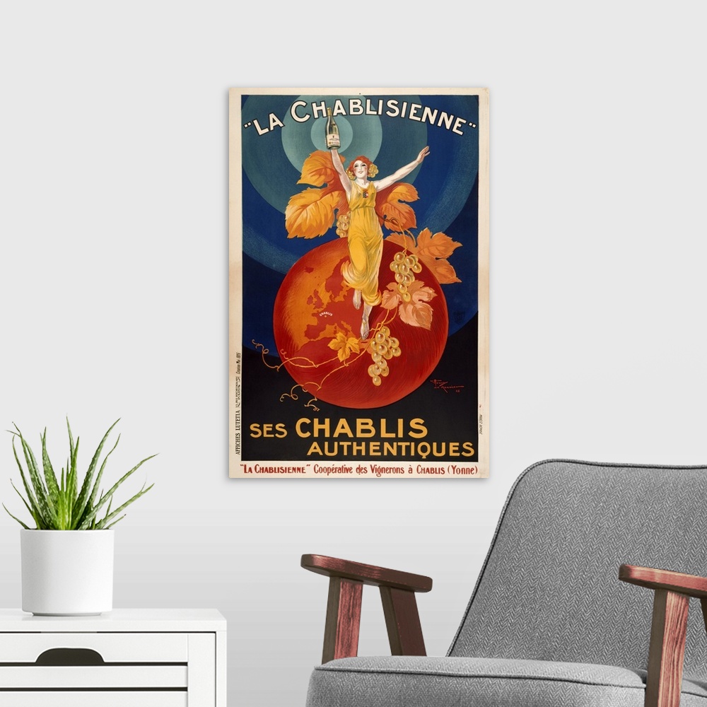 A modern room featuring VINTAGE POSTERwoman standing on orange globe with grapes on vine holding up  bottleLA CHABLISIENN...