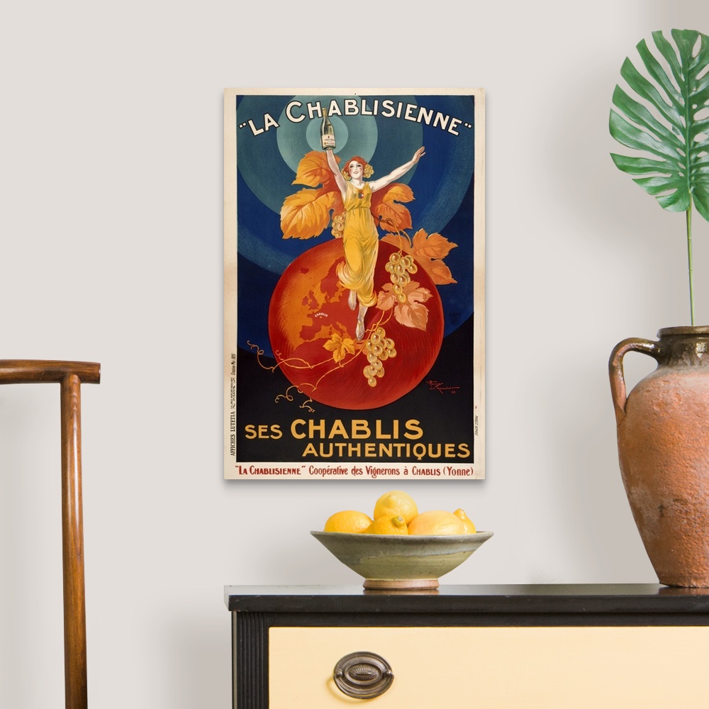 A traditional room featuring VINTAGE POSTERwoman standing on orange globe with grapes on vine holding up  bottleLA CHABLISIENN...