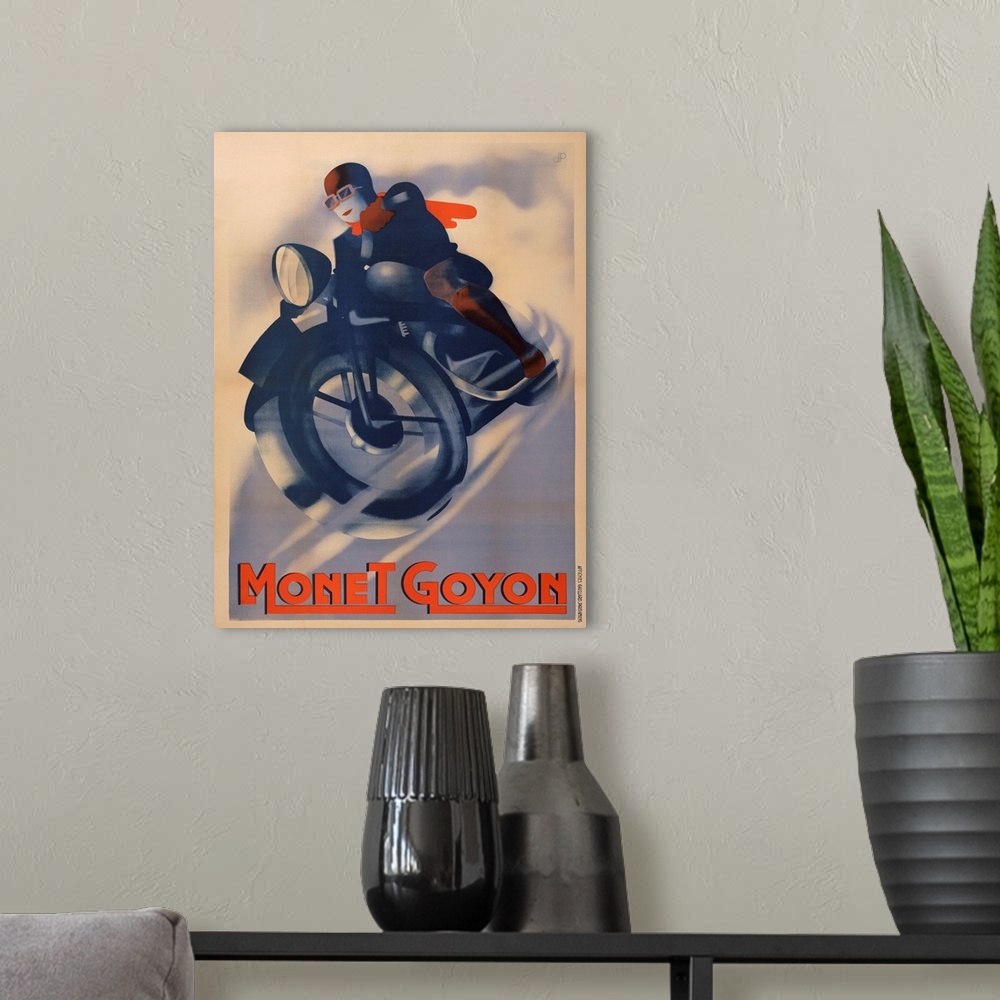 A modern room featuring Monet Goyon Man on motorcycle