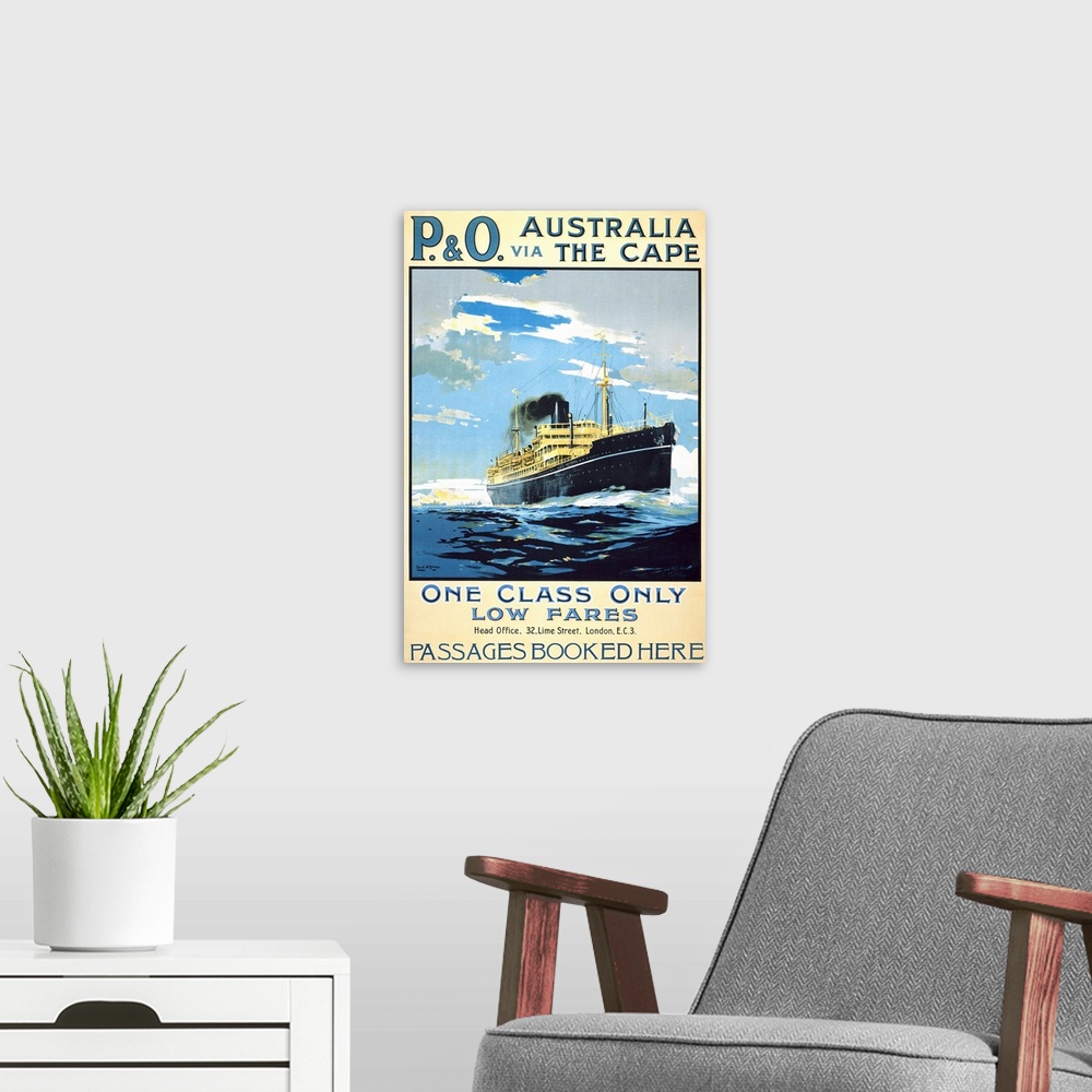 A modern room featuring Vintage Advertising Poster - P.