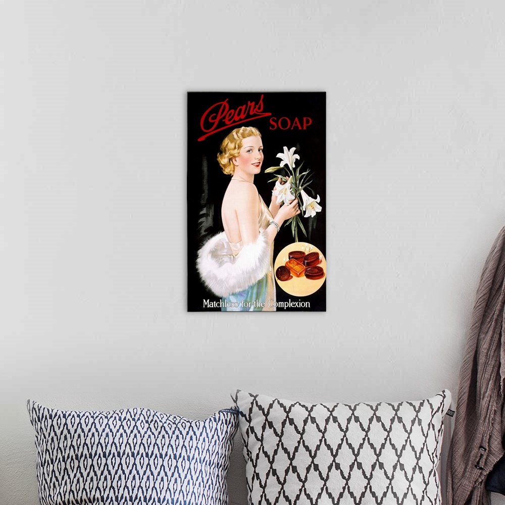 A bohemian room featuring a glamorous woman holding a bunch of lilies.  advertisement for soap
