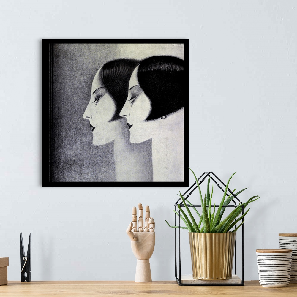 A bohemian room featuring Vintage artwork in the style of art deco of two women with bobbed hairstyles.