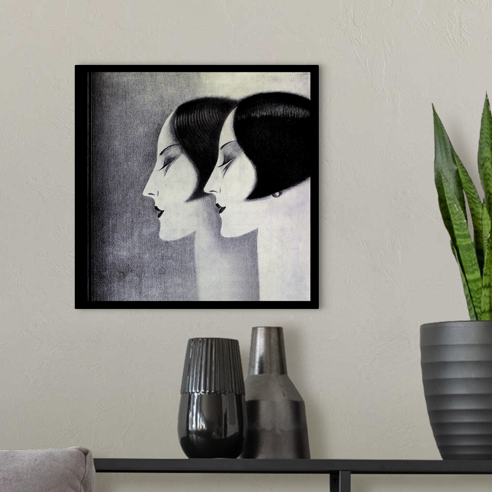 A modern room featuring Vintage artwork in the style of art deco of two women with bobbed hairstyles.