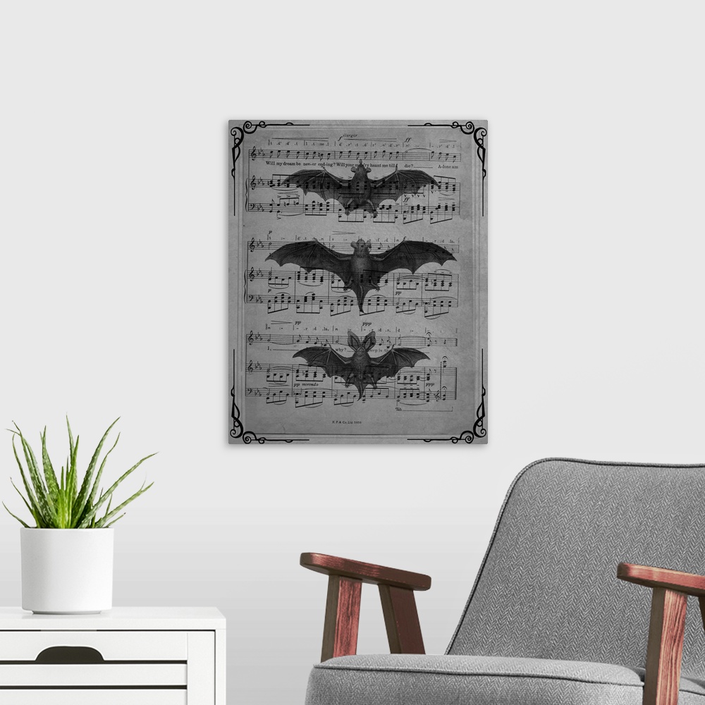 A modern room featuring Black and white vintage sheet music with three bats on top.