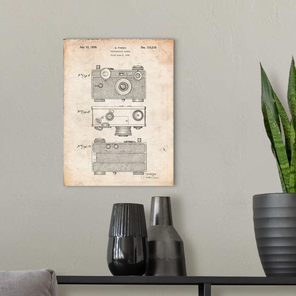 A modern room featuring Vintage Parchment Argus C Camera Patent Poster