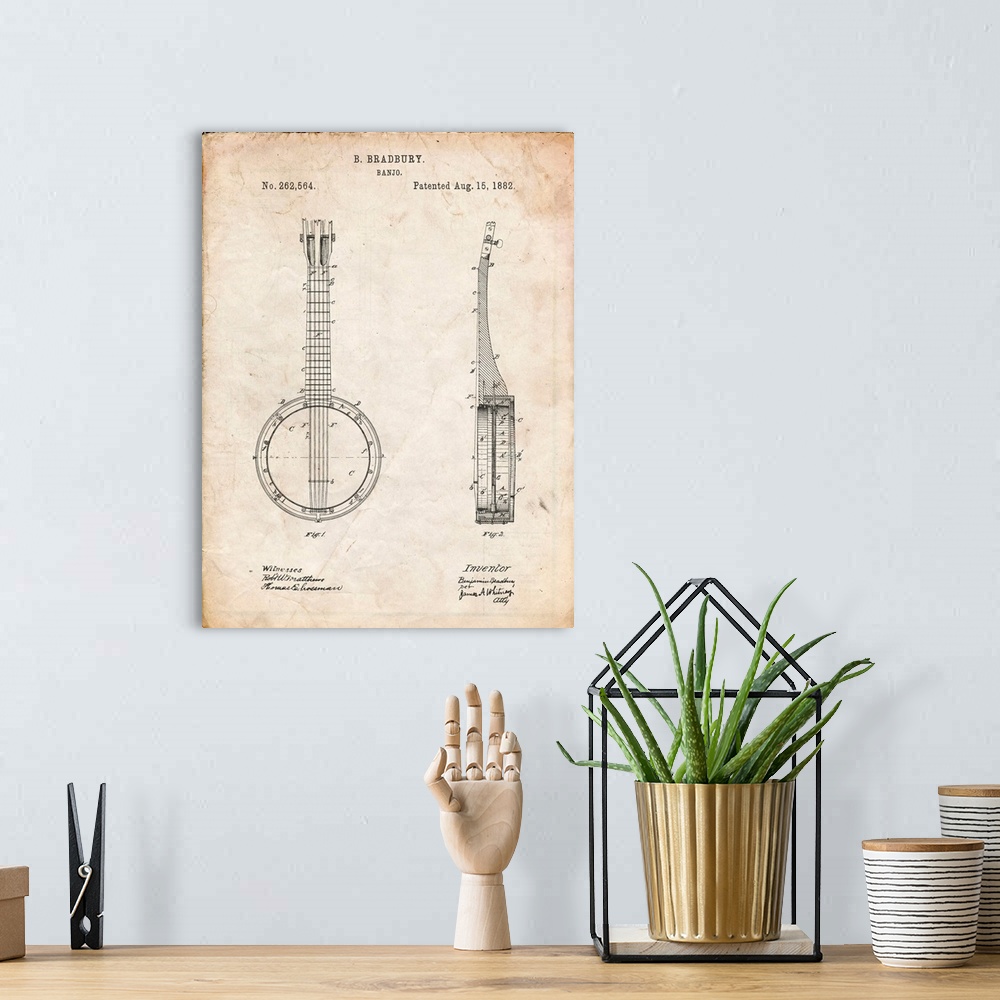 A bohemian room featuring Vintage Parchment Banjo Mandolin Patent Poster