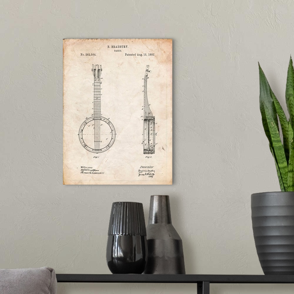 A modern room featuring Vintage Parchment Banjo Mandolin Patent Poster