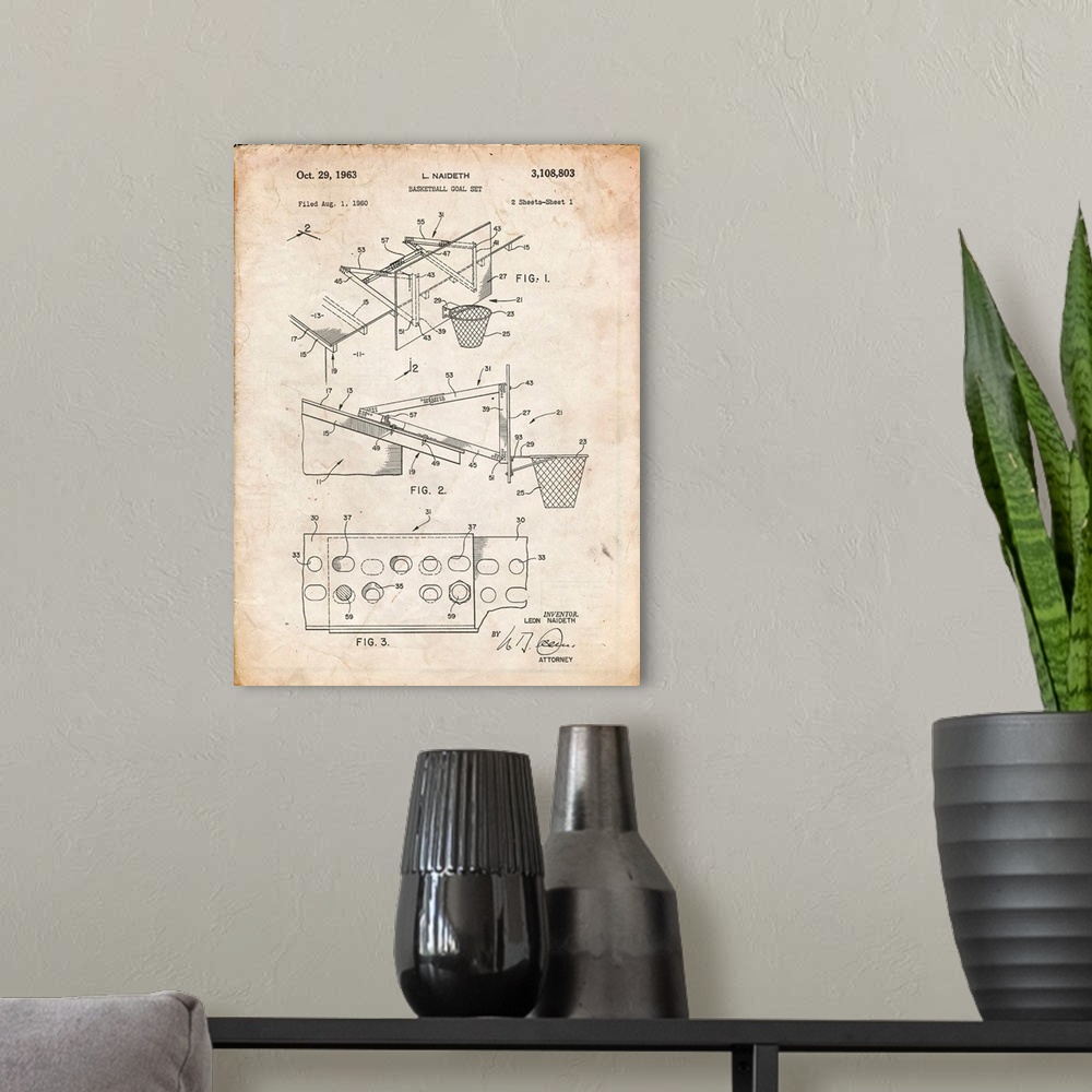 A modern room featuring Vintage Parchment Basketball Adjustable Goal 1962 Patent Poster