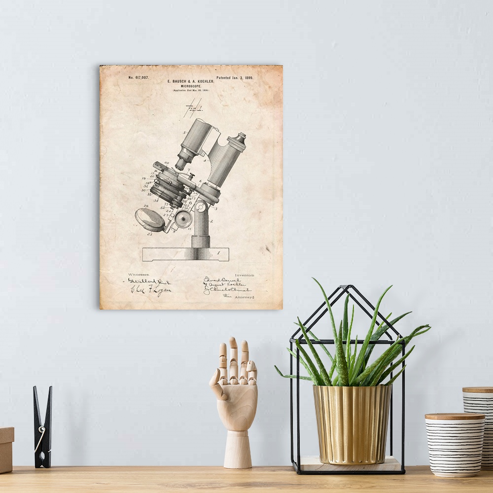 A bohemian room featuring Vintage Parchment Bausch And Lomb Microscope Patent Poster