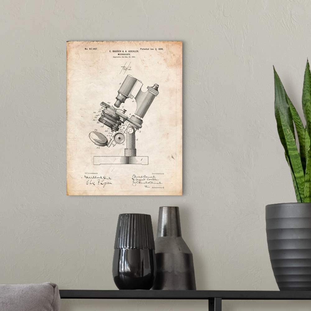 A modern room featuring Vintage Parchment Bausch And Lomb Microscope Patent Poster