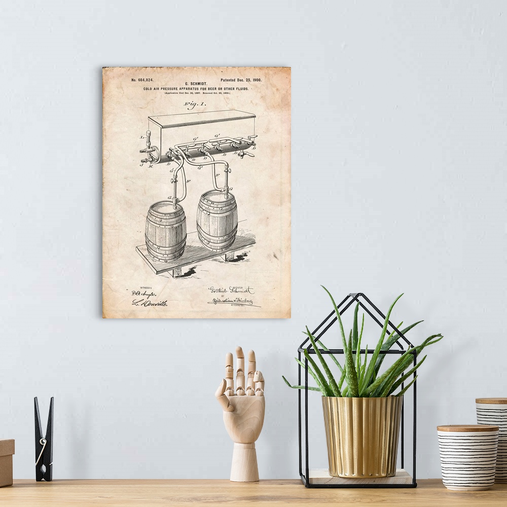 A bohemian room featuring Vintage Parchment Beer Keg Cold Air Pressure Tap Poster