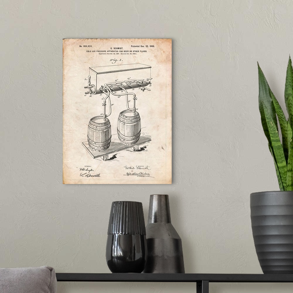 A modern room featuring Vintage Parchment Beer Keg Cold Air Pressure Tap Poster