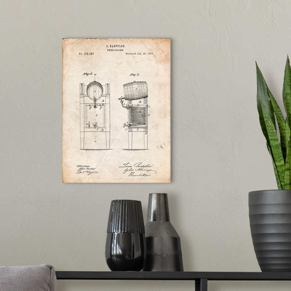 A modern room featuring Vintage Parchment Beer Keg Cooler 1876 Patent Poster