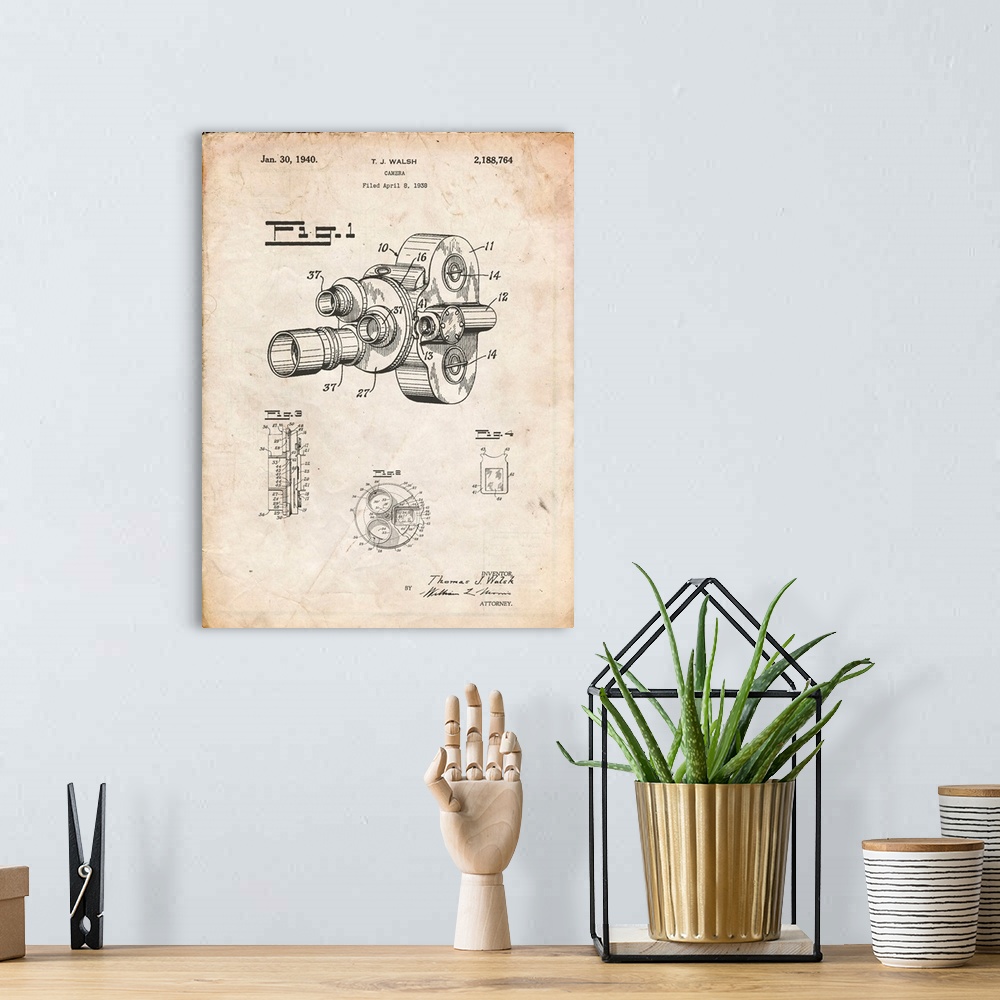 A bohemian room featuring Vintage Parchment Bell And Howell Color Filter Camera Patent Poster