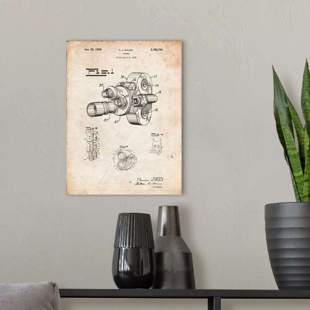 A modern room featuring Vintage Parchment Bell And Howell Color Filter Camera Patent Poster