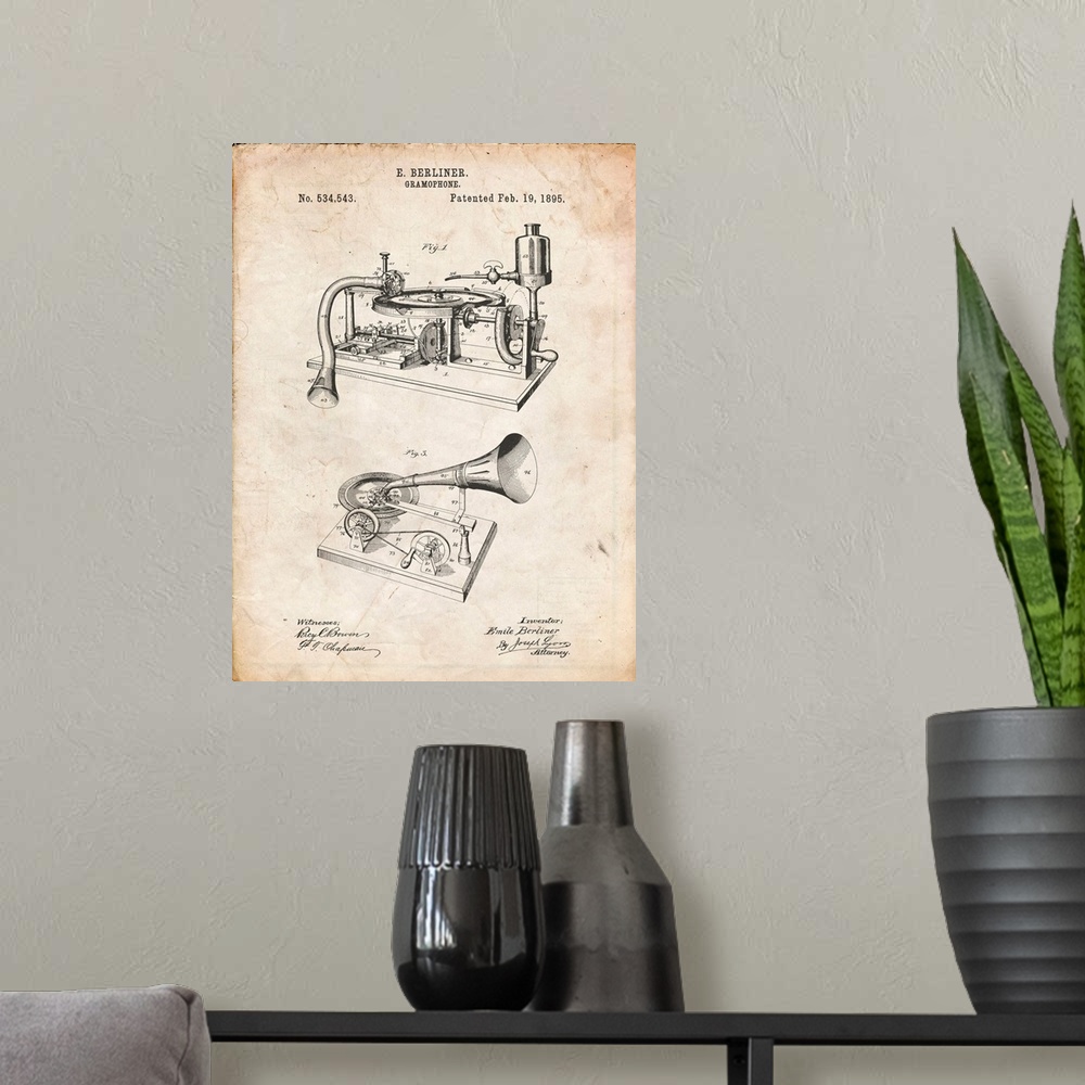 A modern room featuring Vintage Parchment Berliner Gramophone Poster