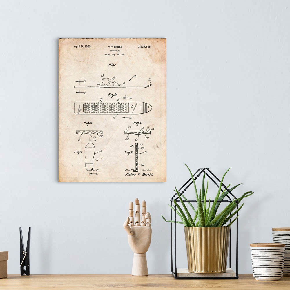 A bohemian room featuring Vintage Parchment Berta Magnetic Boot Snowboard Patent Poster