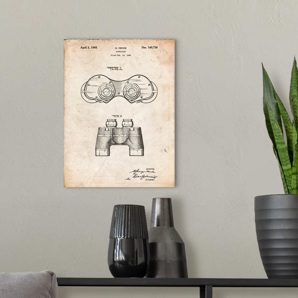 A modern room featuring Vintage Parchment Binoculars Patent Poster