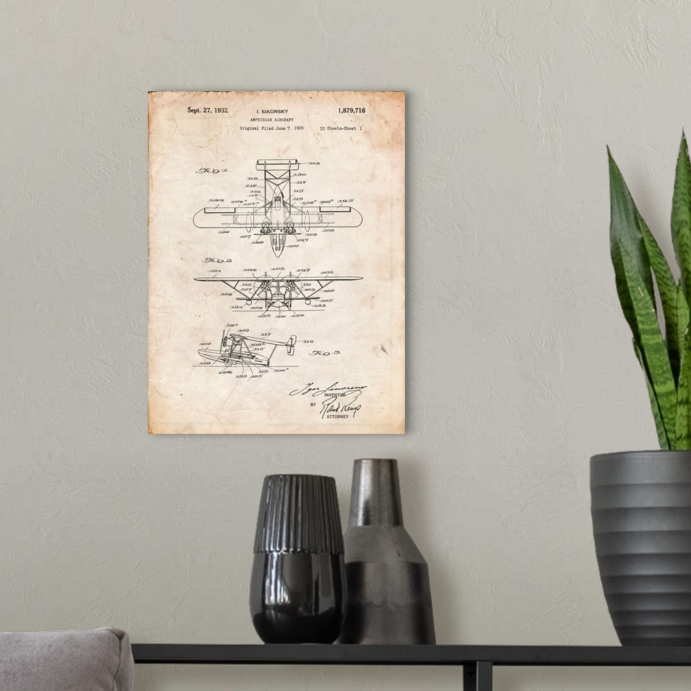 A modern room featuring Vintage Parchment Biwing Seaplane Patent Print
