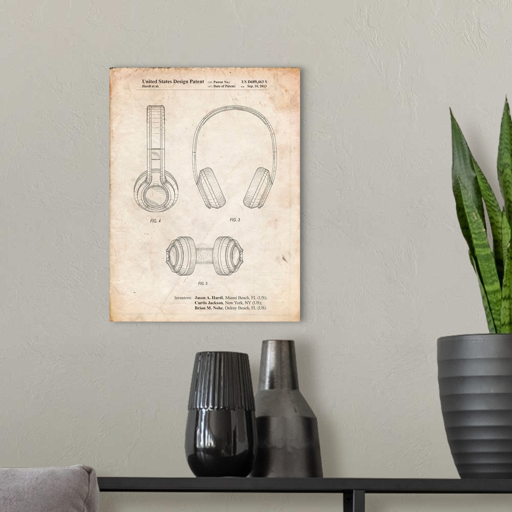 A modern room featuring Vintage Parchment Bluetooth Headphones Patent Poster