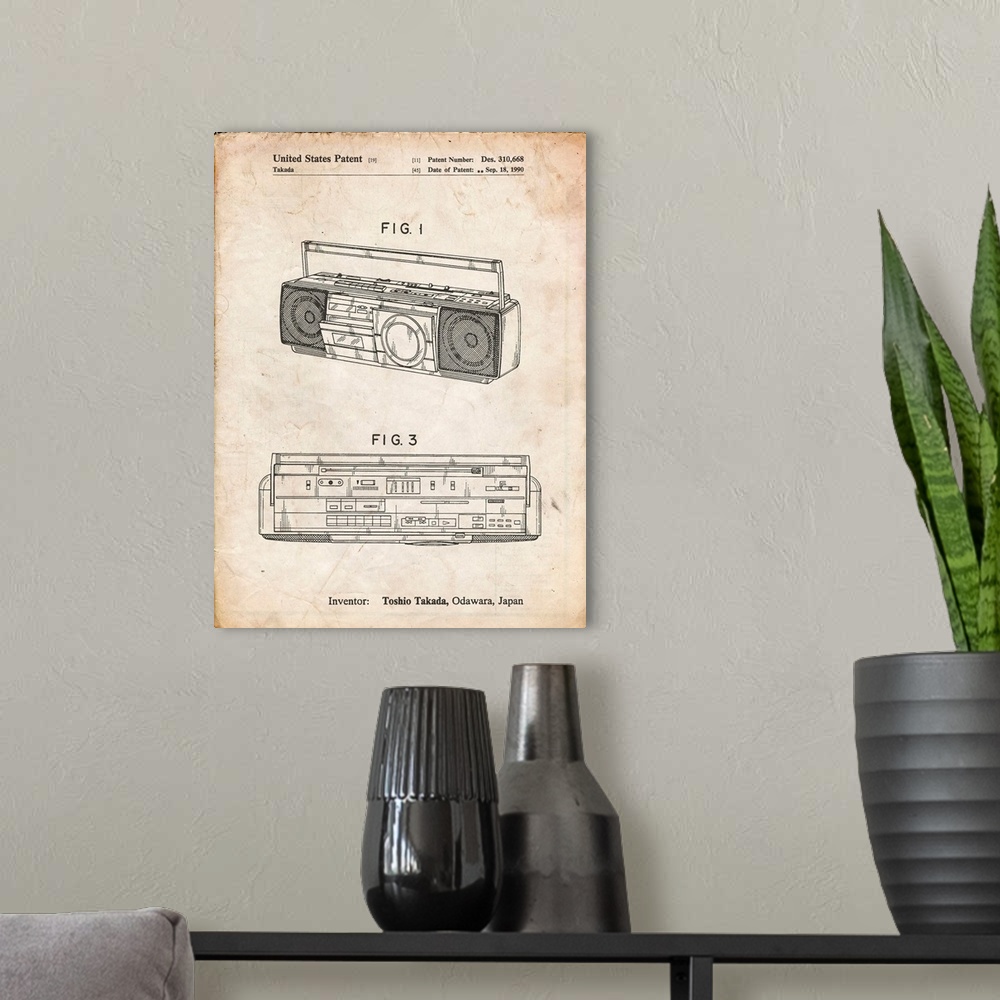 A modern room featuring Vintage Parchment Boom Box Patent Poster