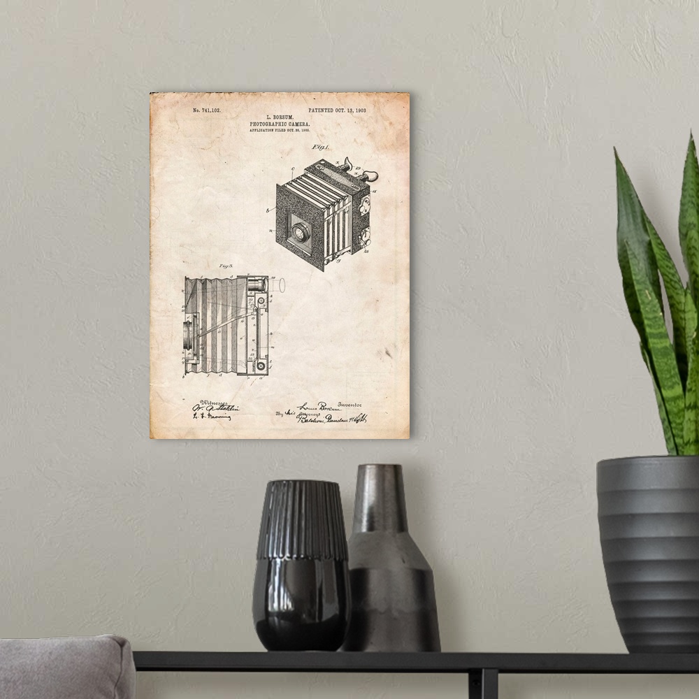 A modern room featuring Vintage Parchment Borsum Camera Co Reflex Camera Patent Poster