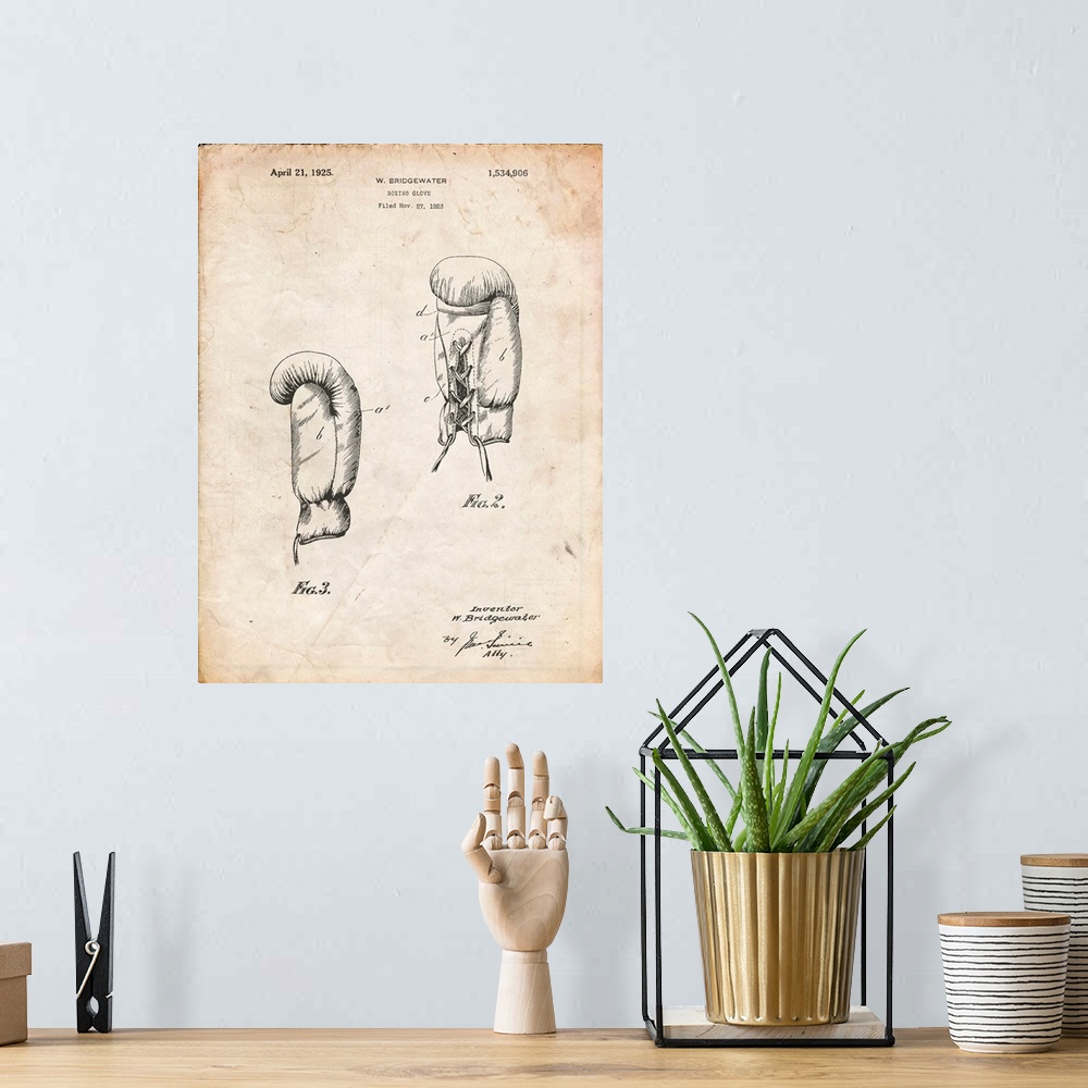 A bohemian room featuring Vintage Parchment Boxing Glove 1925 Patent Poster