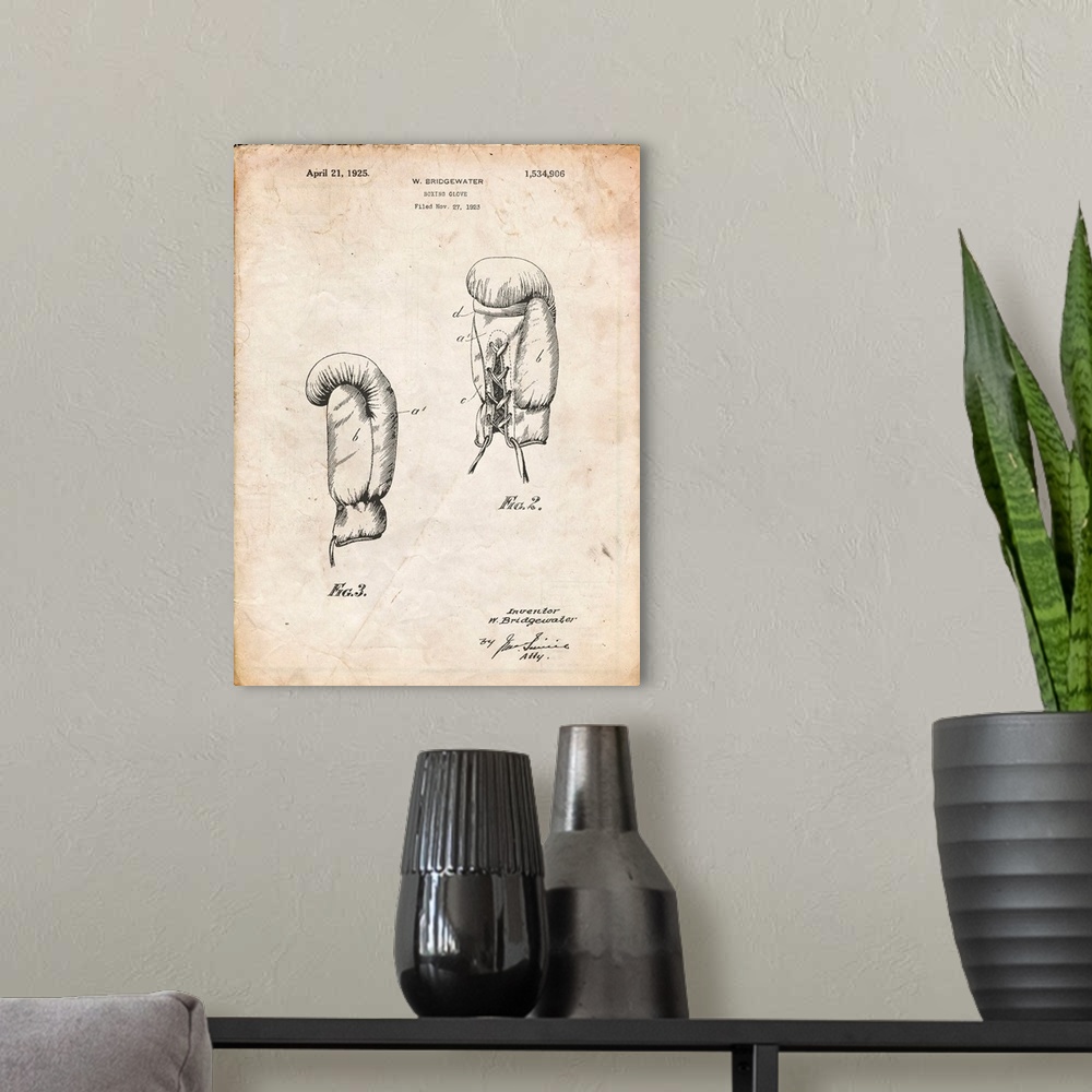 A modern room featuring Vintage Parchment Boxing Glove 1925 Patent Poster