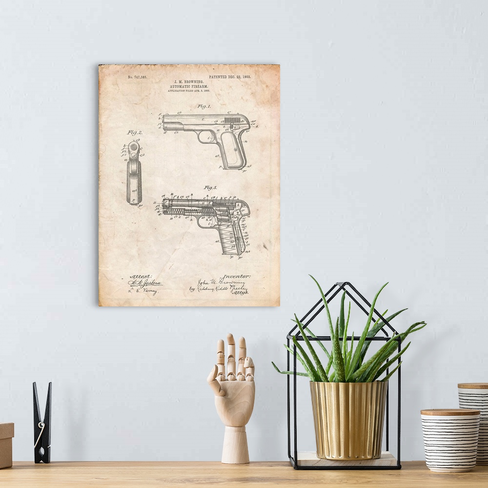 A bohemian room featuring Vintage Parchment Browning No. 2 Handgun Patent Poster