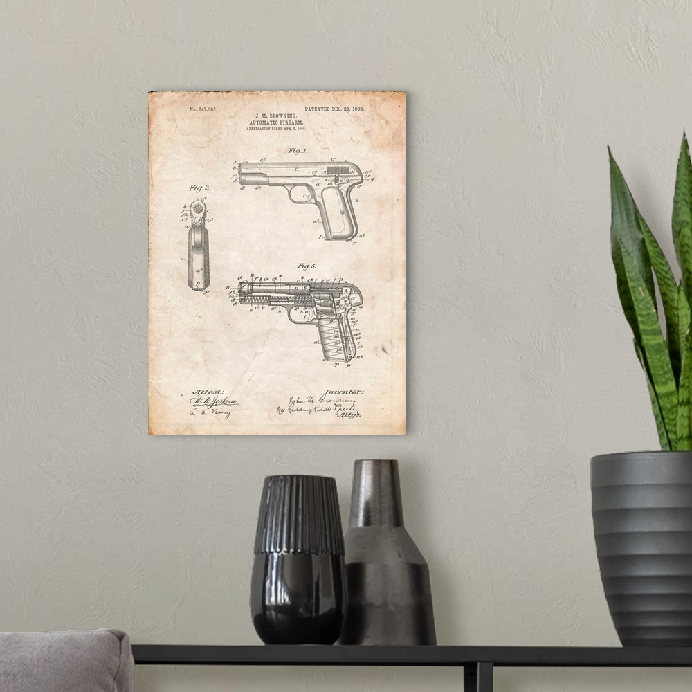 A modern room featuring Vintage Parchment Browning No. 2 Handgun Patent Poster