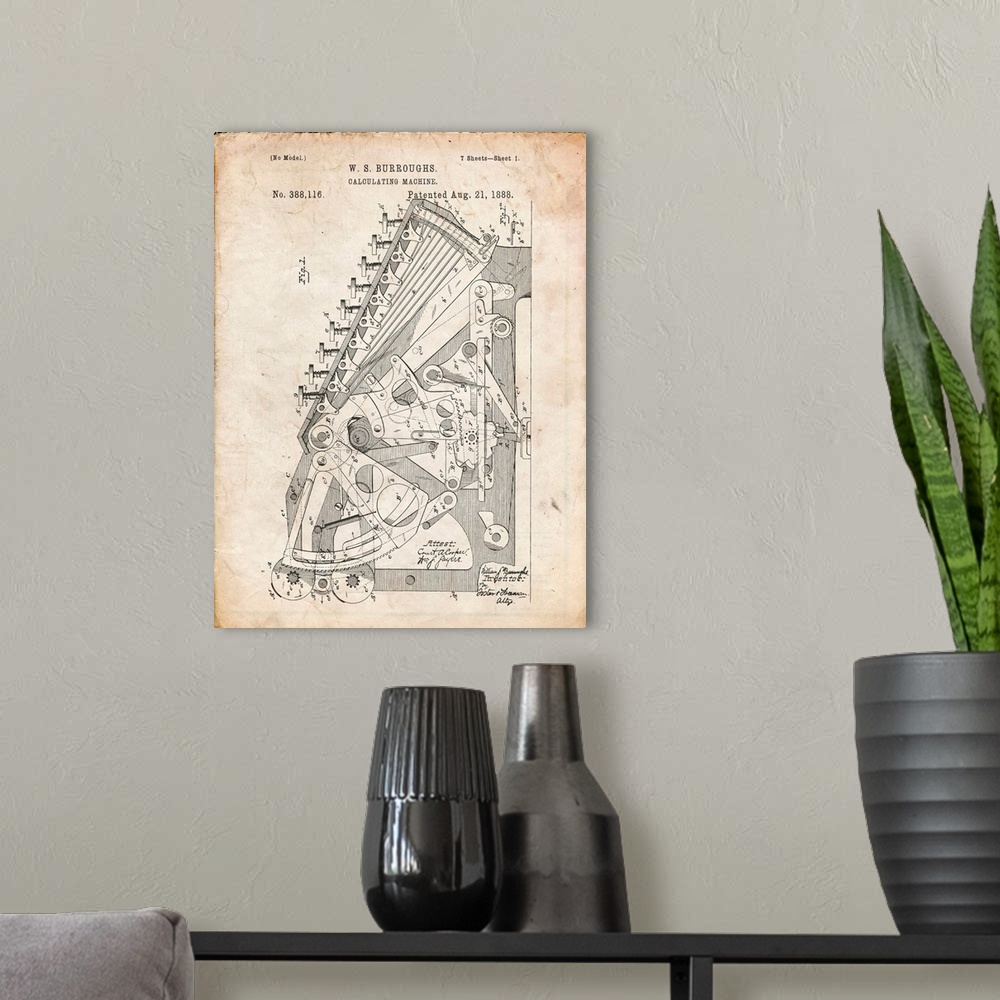 A modern room featuring Vintage Parchment Burroughs Adding Machine Patent Poster