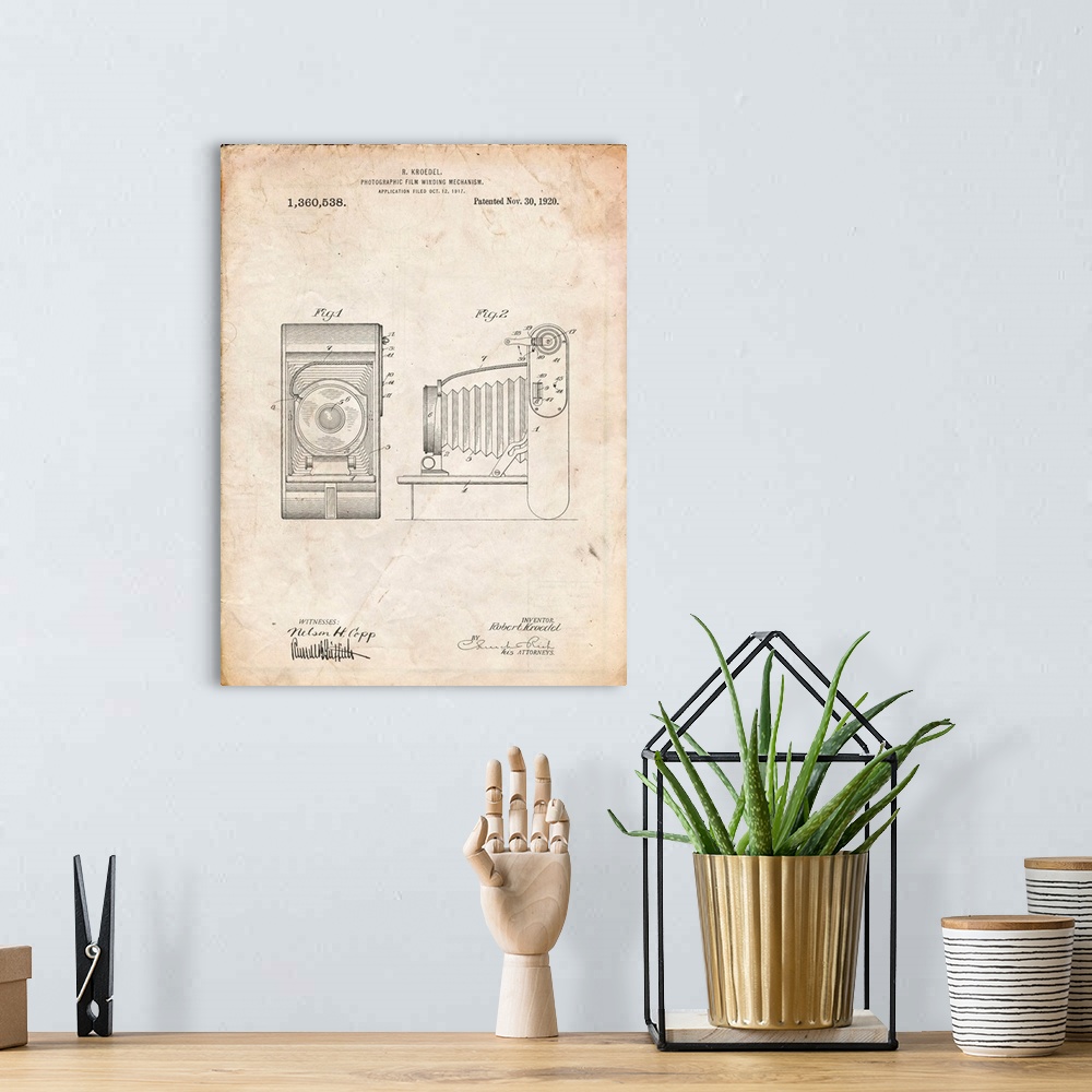 A bohemian room featuring Vintage Parchment Camera Film Winding Patent Print