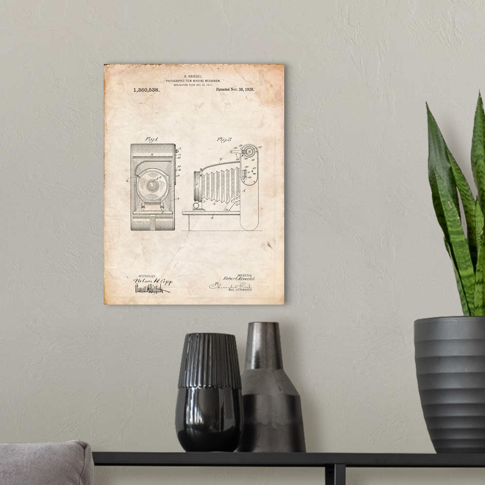 A modern room featuring Vintage Parchment Camera Film Winding Patent Print