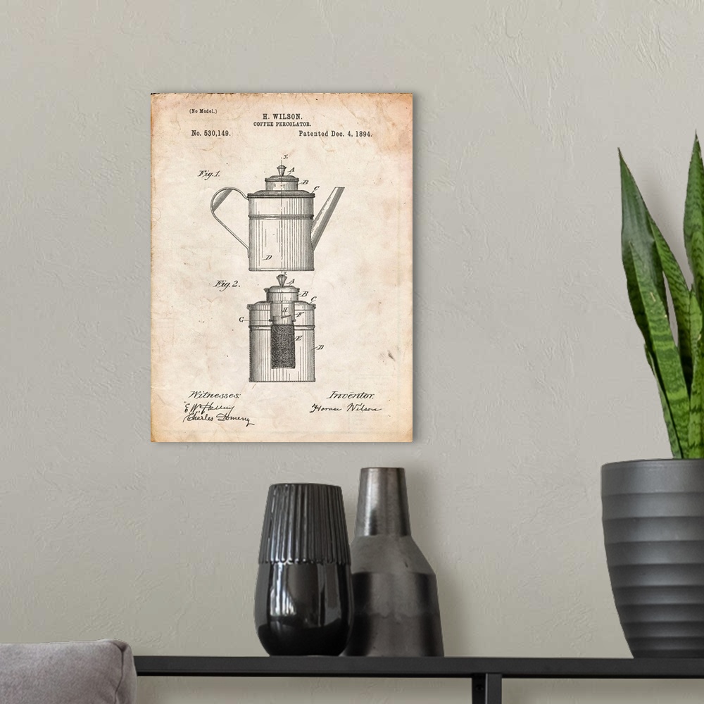A modern room featuring Vintage Parchment Coffee 2 Part Percolator 1894 Patent Poster