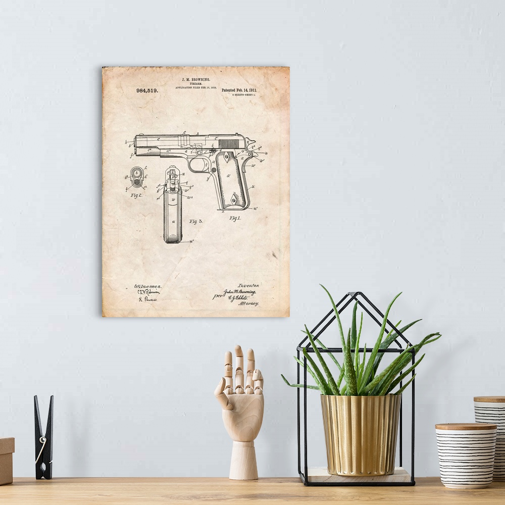 A bohemian room featuring Vintage Parchment Colt 1911 Semi-Automatic Pistol Patent Poster