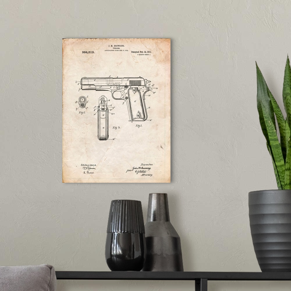 A modern room featuring Vintage Parchment Colt 1911 Semi-Automatic Pistol Patent Poster