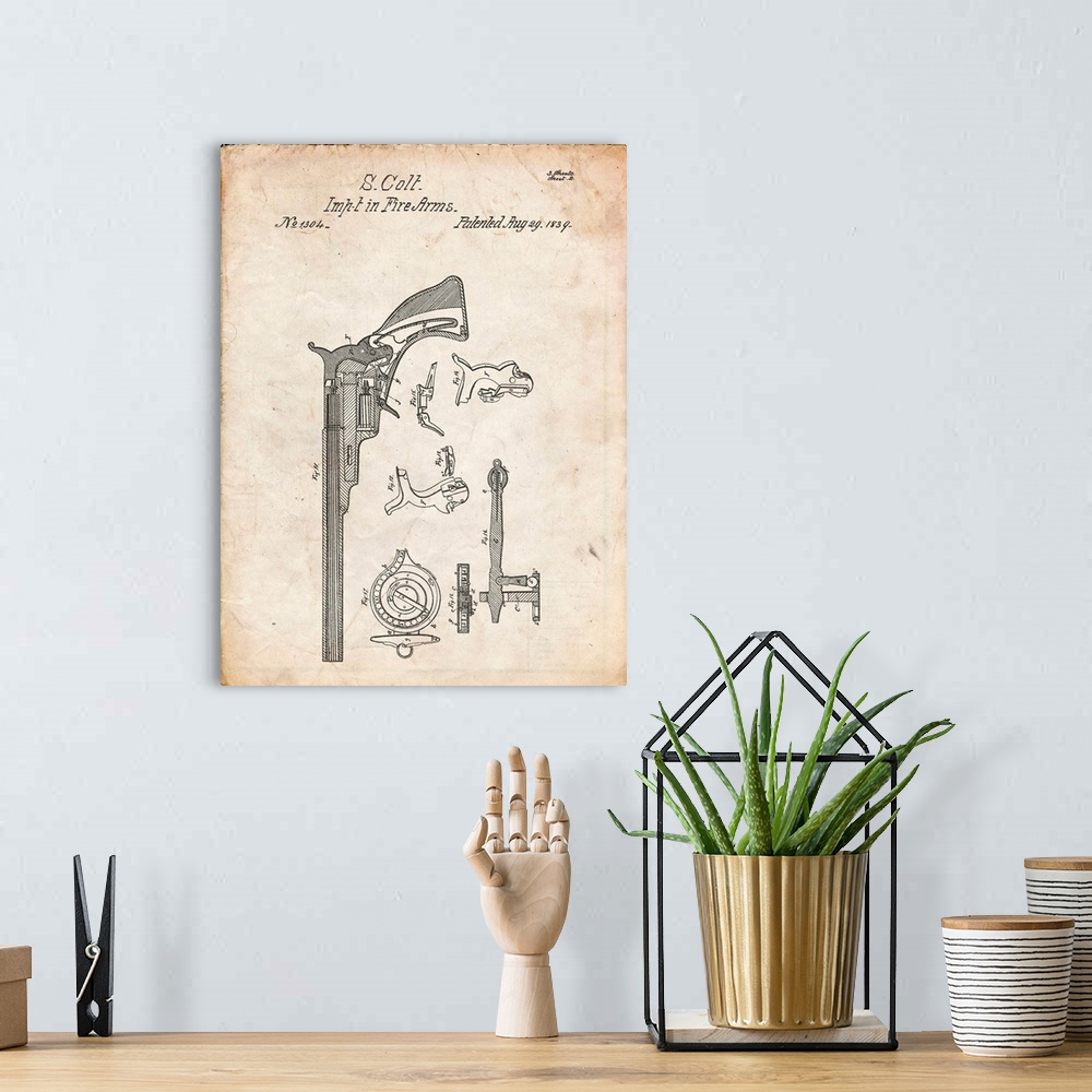 A bohemian room featuring Vintage Parchment Colt Paterson Patent Poster