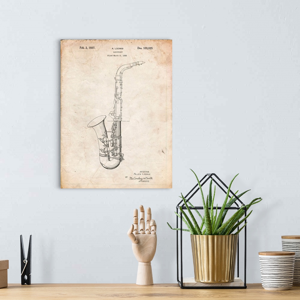 A bohemian room featuring Vintage Parchment Conn A Melody Saxophone Patent Poster