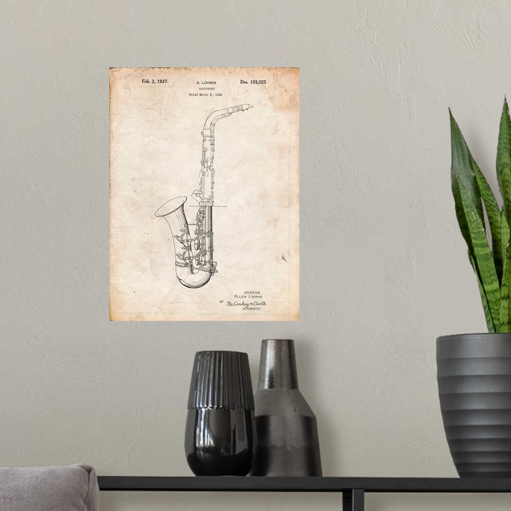 A modern room featuring Vintage Parchment Conn A Melody Saxophone Patent Poster