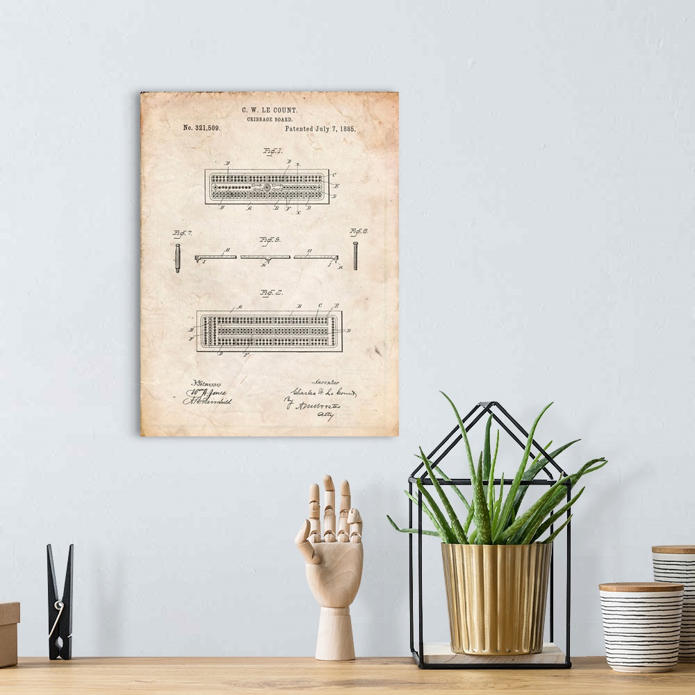 A bohemian room featuring Vintage Parchment Cribbage Board 1885 Patent Poster