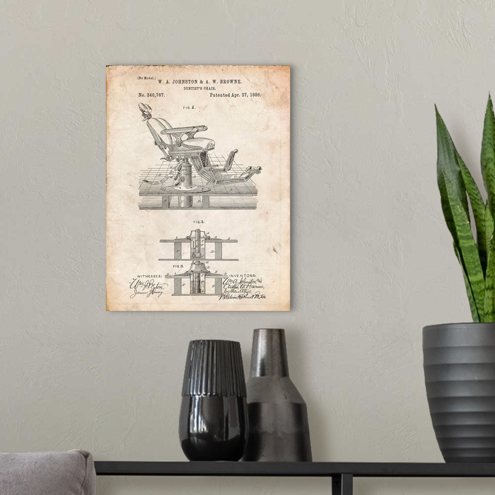 A modern room featuring Vintage Parchment Dentist Chair Patent Poster